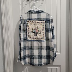 Distressed Flannel Shirt VTG embroidery Linen OOAK needlework Patchwork upcycle